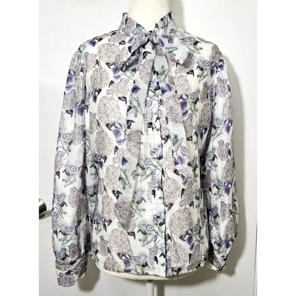 Udel New York Blouse Top Size S Gray Floral High Neck Bow Button Up Long Sleeve